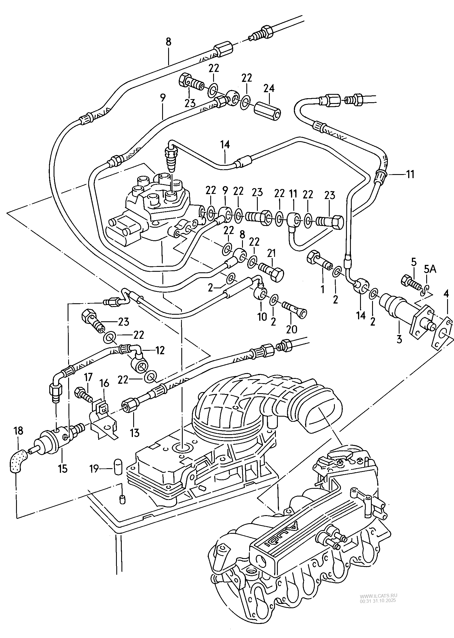 cold start valve. pressure regulator. fuel pipe AUDI