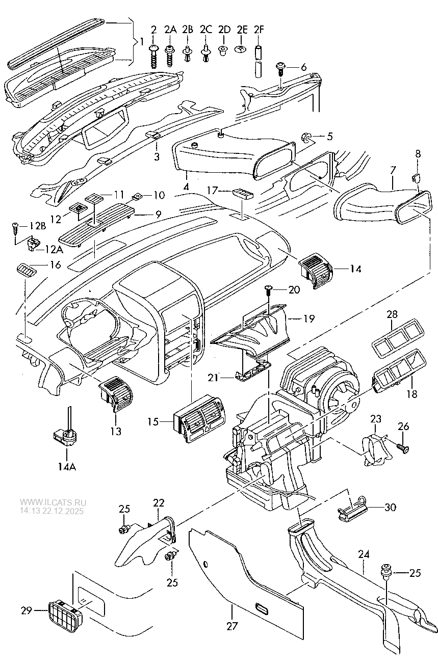 Возд. канал для обог. простр. для ног, возд. шланги и дефл
