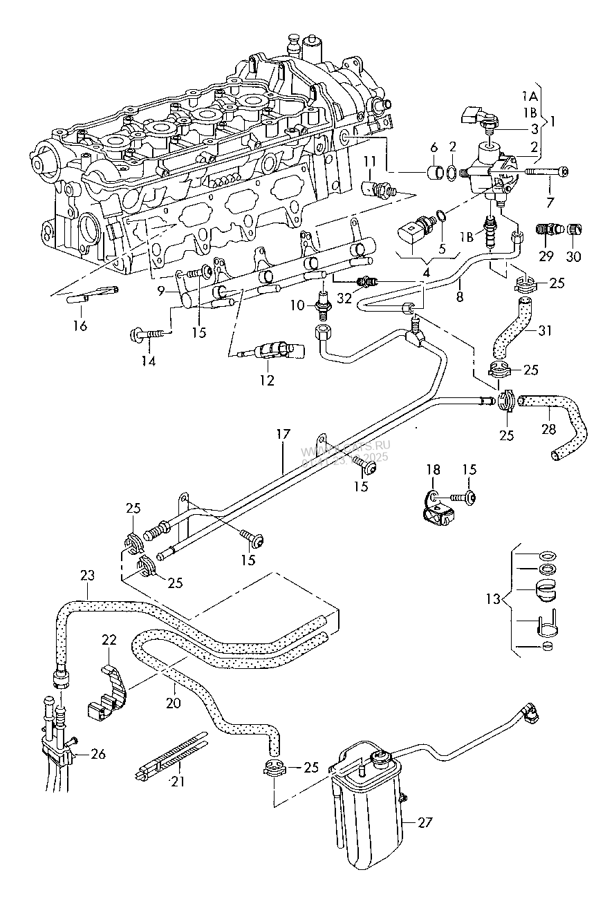 high pressure pump. fuel rail. injection valve. F 4F6176 001>> AUDI