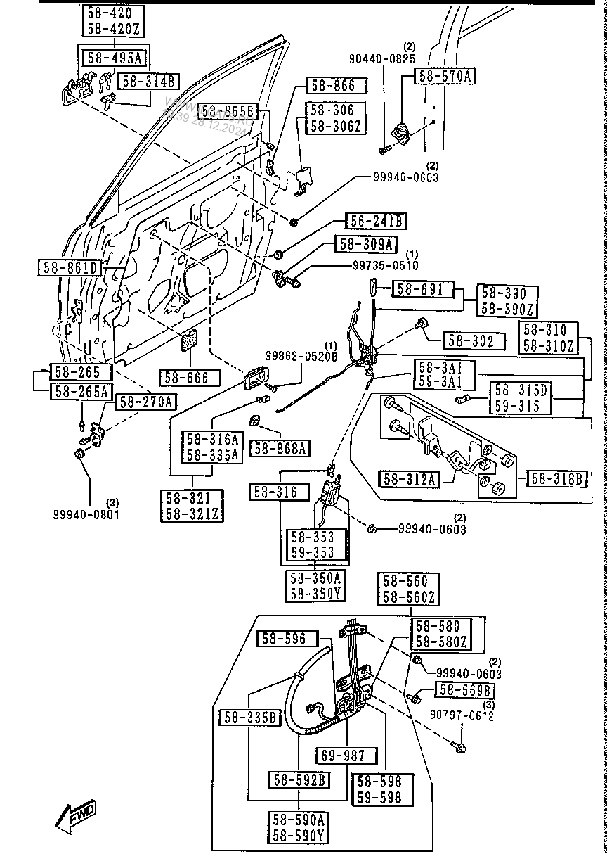 Front door lock & regulator MAZDA TELSTAR WAGON