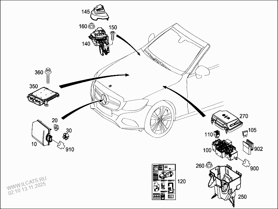 CONTROL UNITS,FUSE BOXES AND RELAYS IN ENGINE COMPARTMENT MERCEDES C