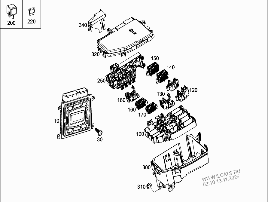 CONTROL UNITS,FUSE BOXES AND RELAYS IN ENGINE COMPARTMENT MERCEDES A