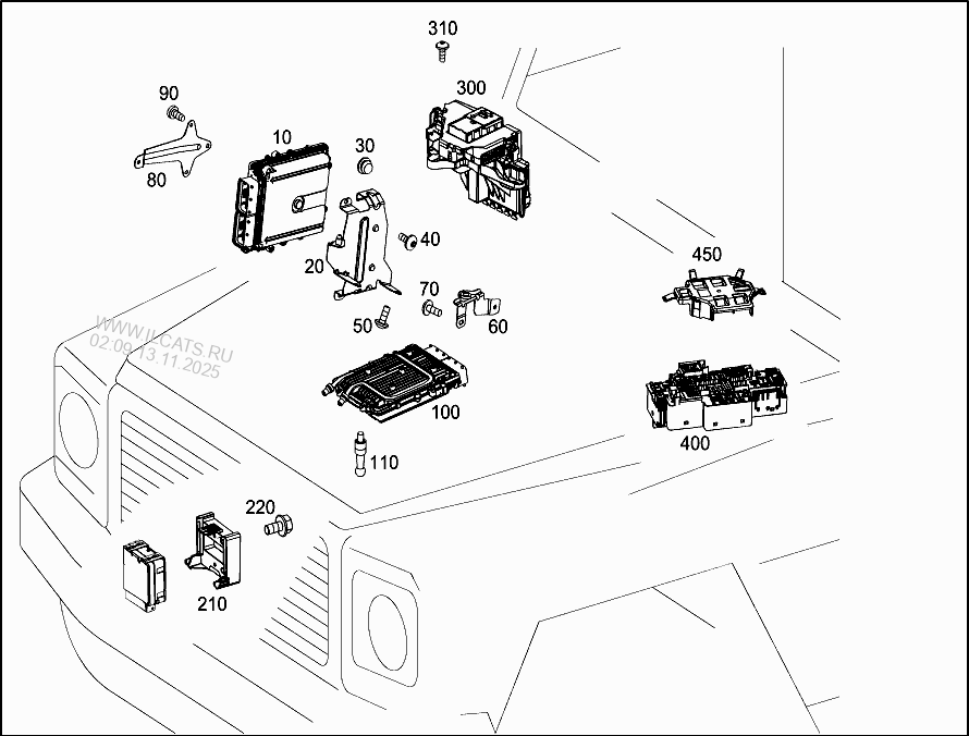 CONTROL UNITS,FUSE BOXES AND RELAYS IN ENGINE COMPARTMENT MERCEDES AMG
