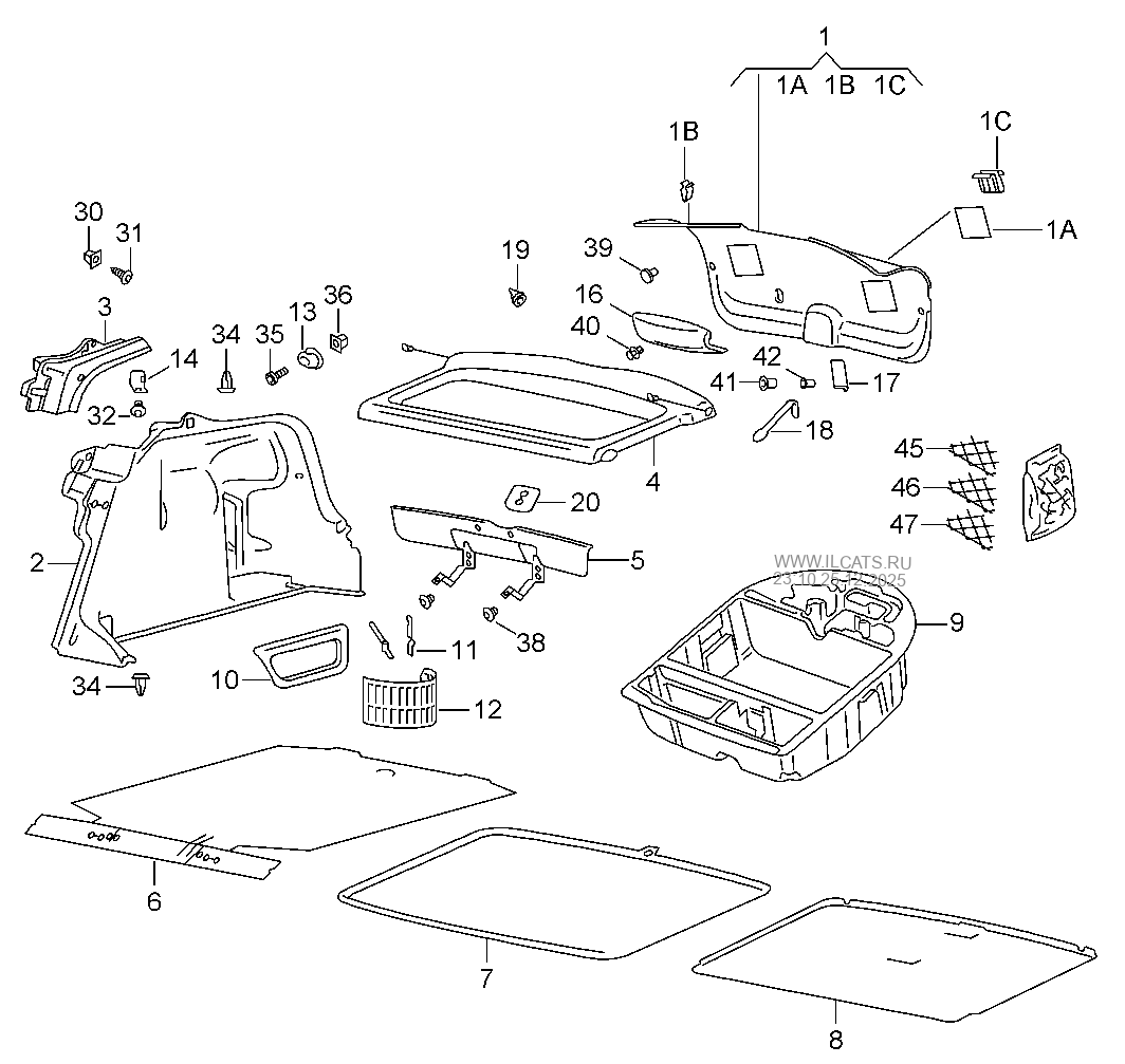 rear lid trim panel. cover for lock carrier. trim for rear shelf panel