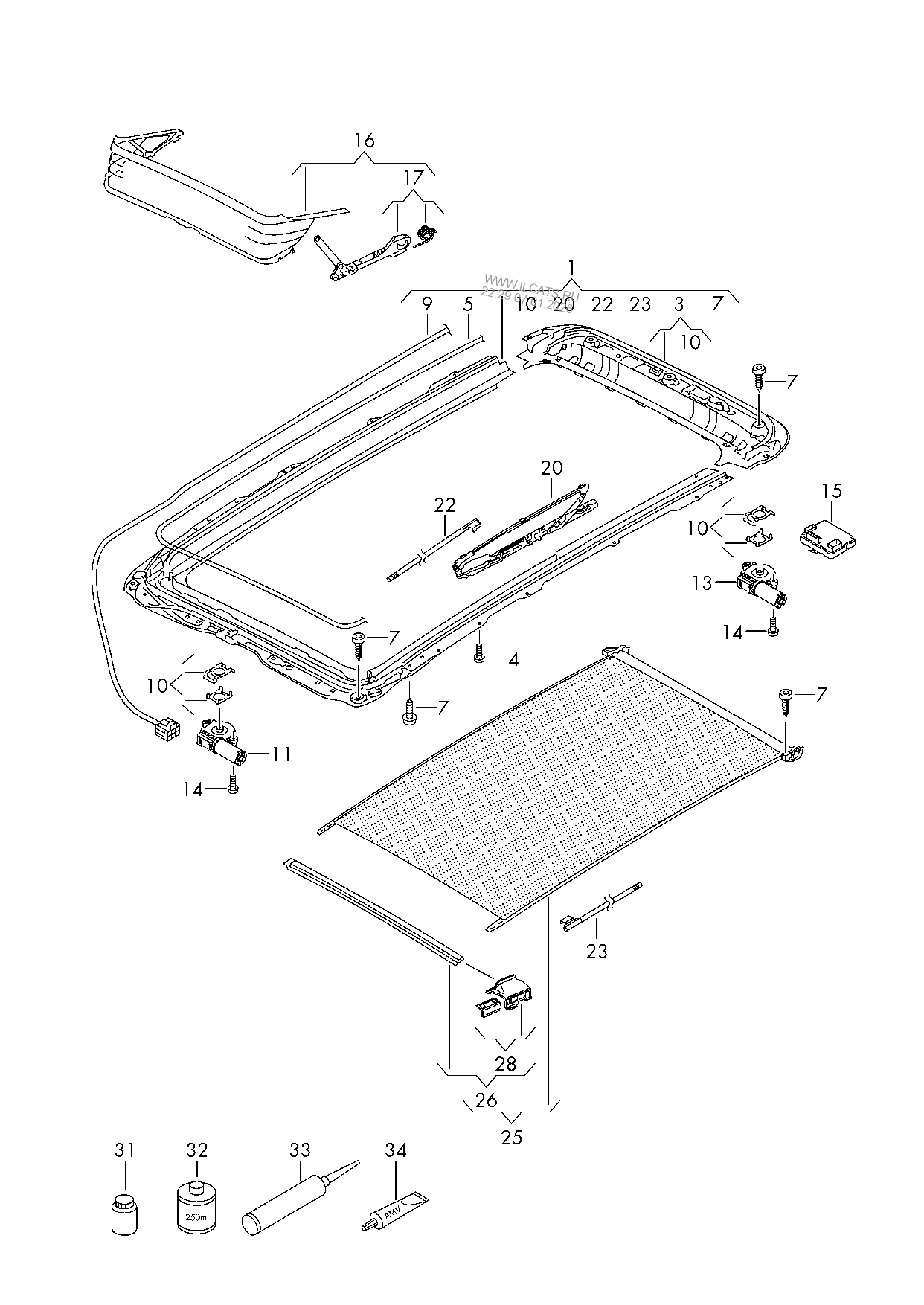 panoramic glass roof. slide and tilt mechanism for panorama glass roof