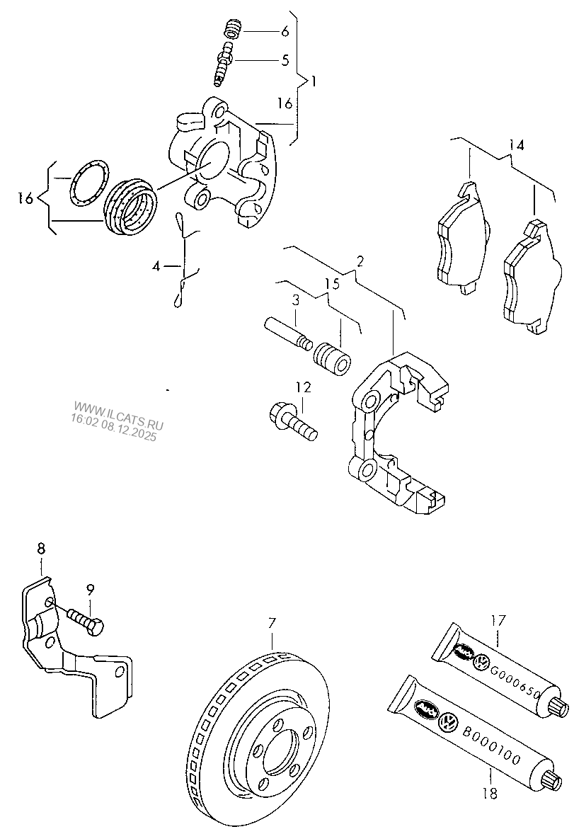floating caliper brake. brake disc (vented). brake lining with wear