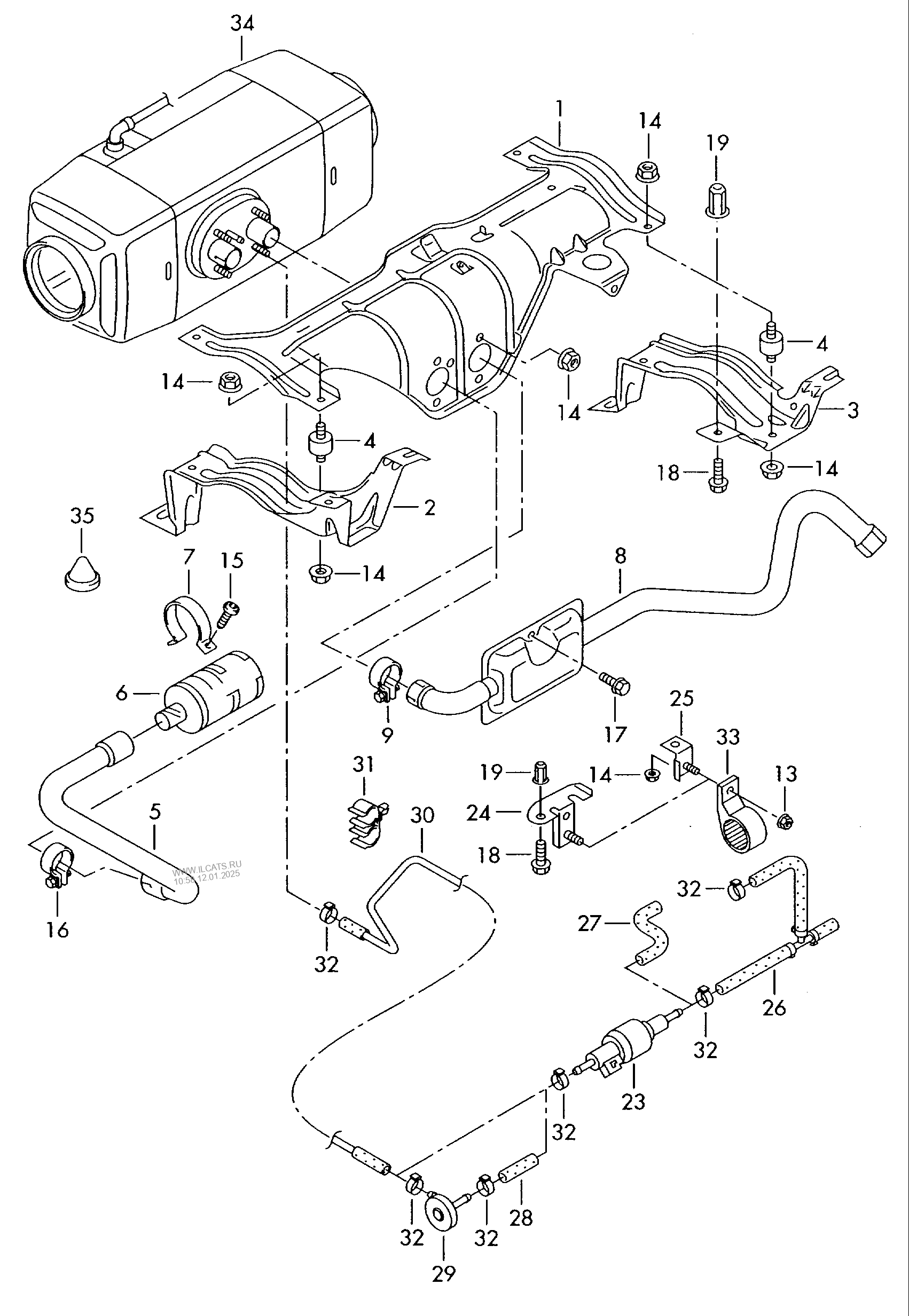 auxiliary heater. fasteners. silencer. fuel line VW