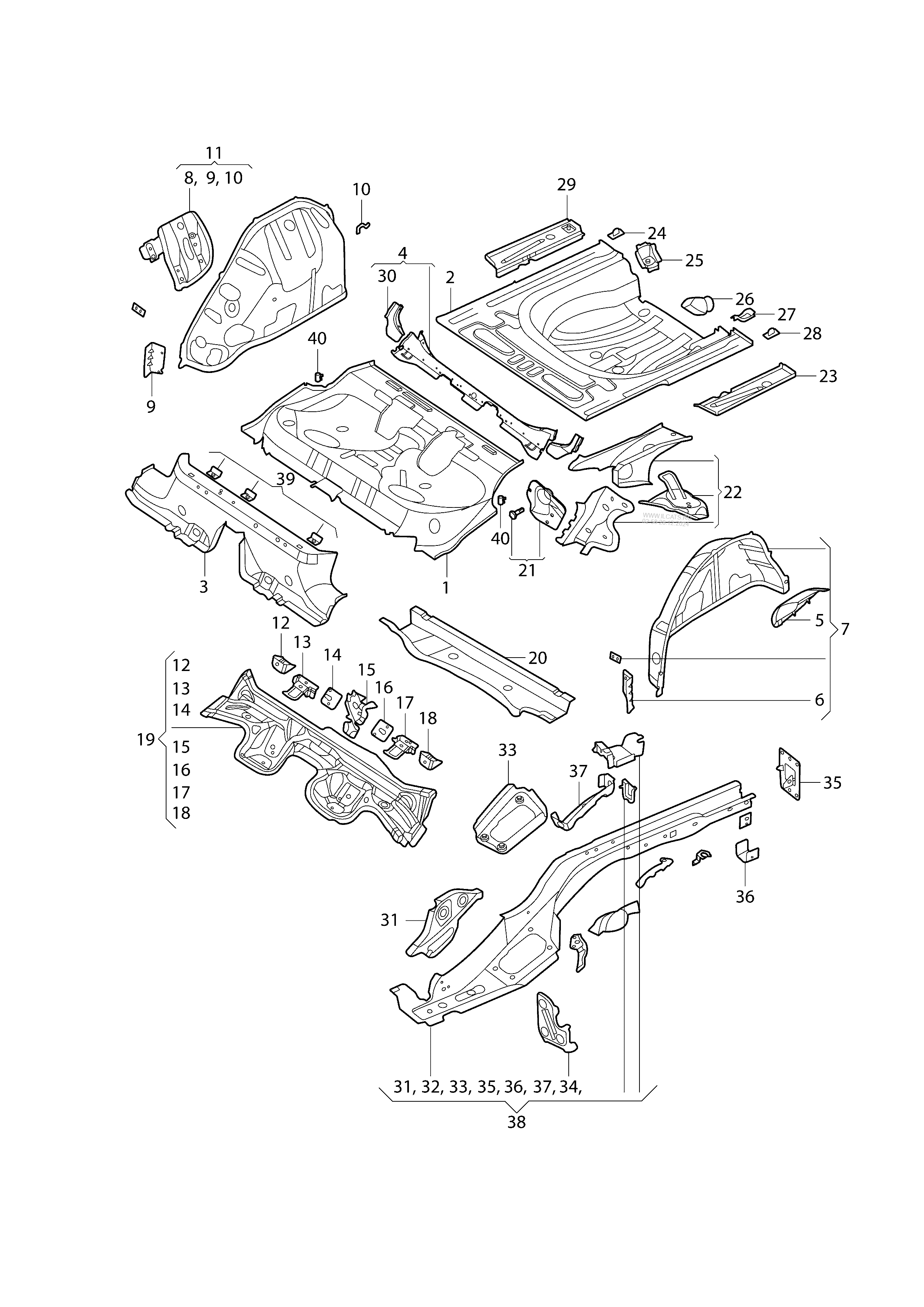 bottom plate. side member. wheel housing inner part VW