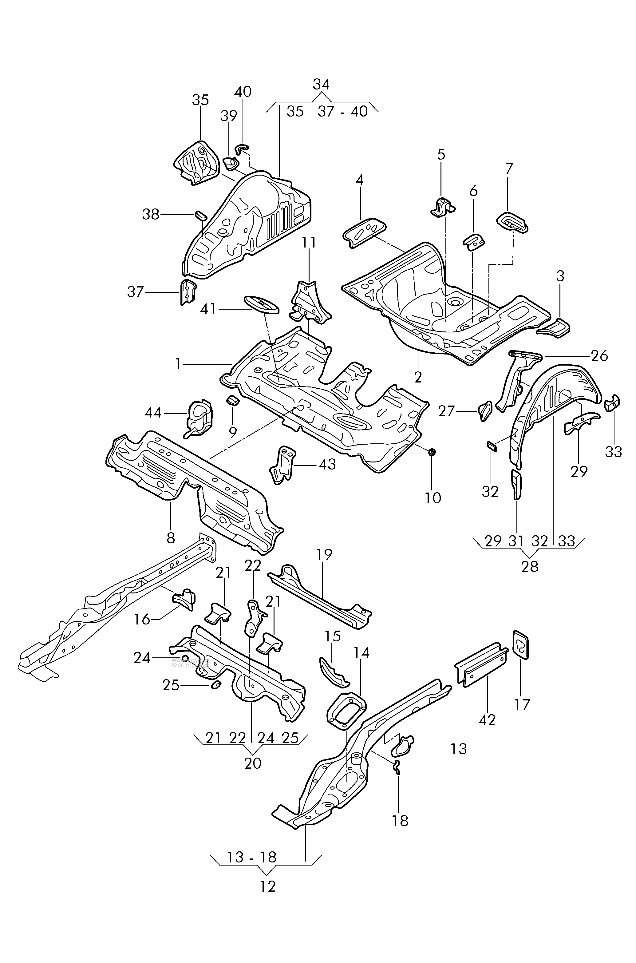 bottom plate. side member. wheel housing inner part VW