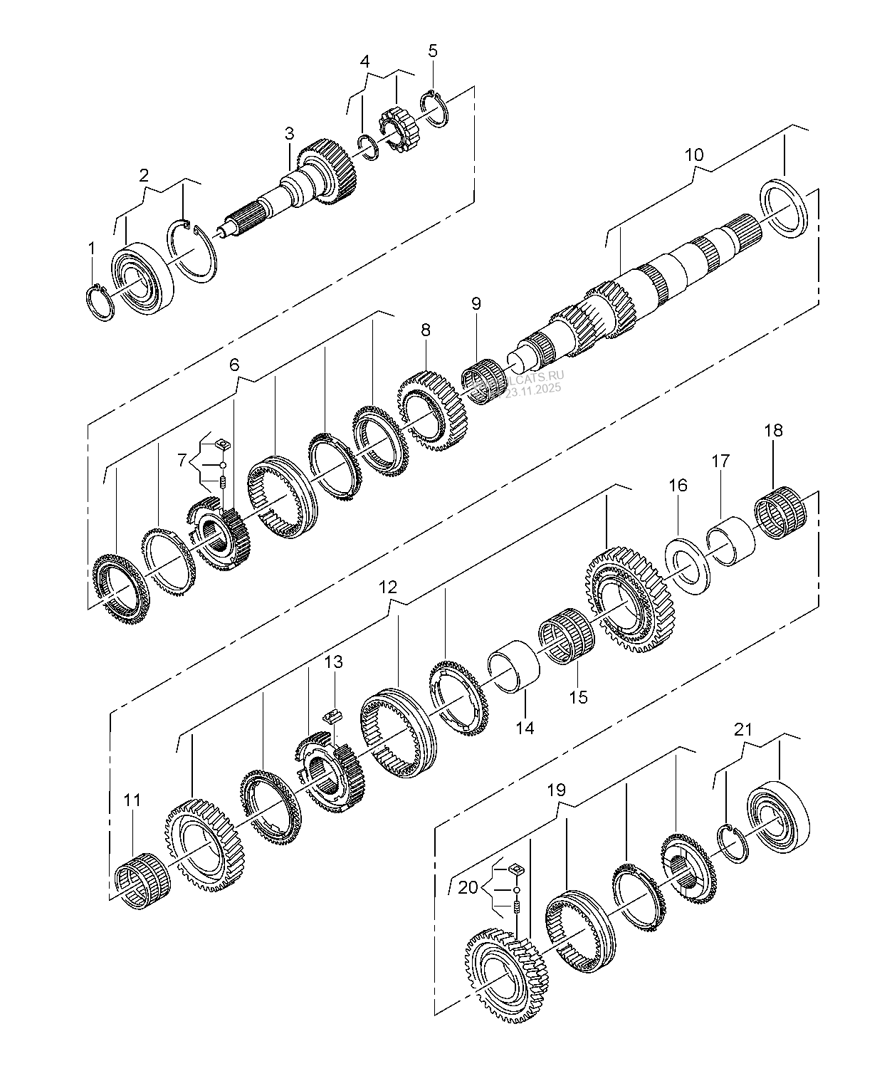 gears and shafts. input shaft. output shaft. for 6 speed manual gearbox