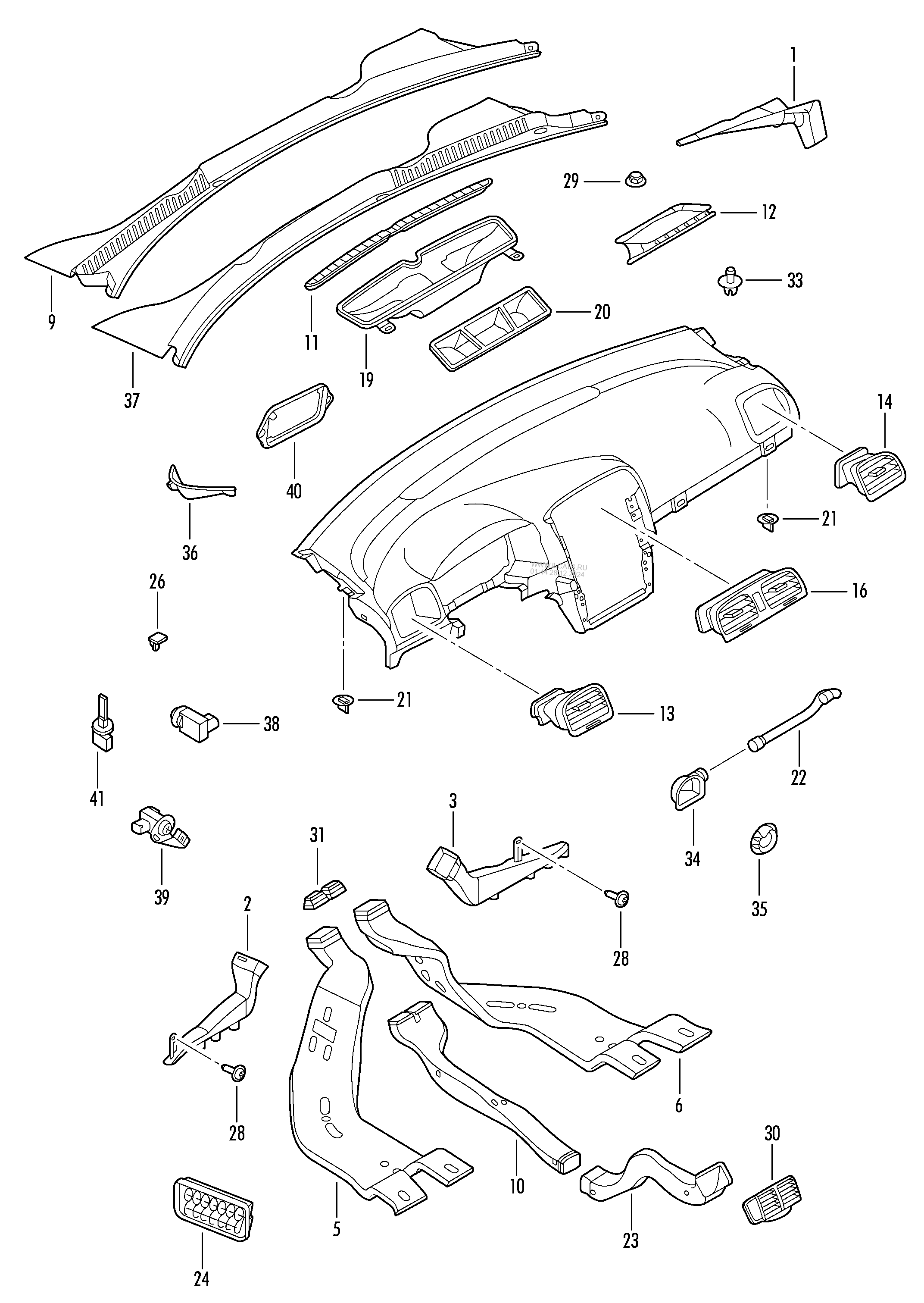 air and footwell heater ducts, air hoses and vents. water deflector VW