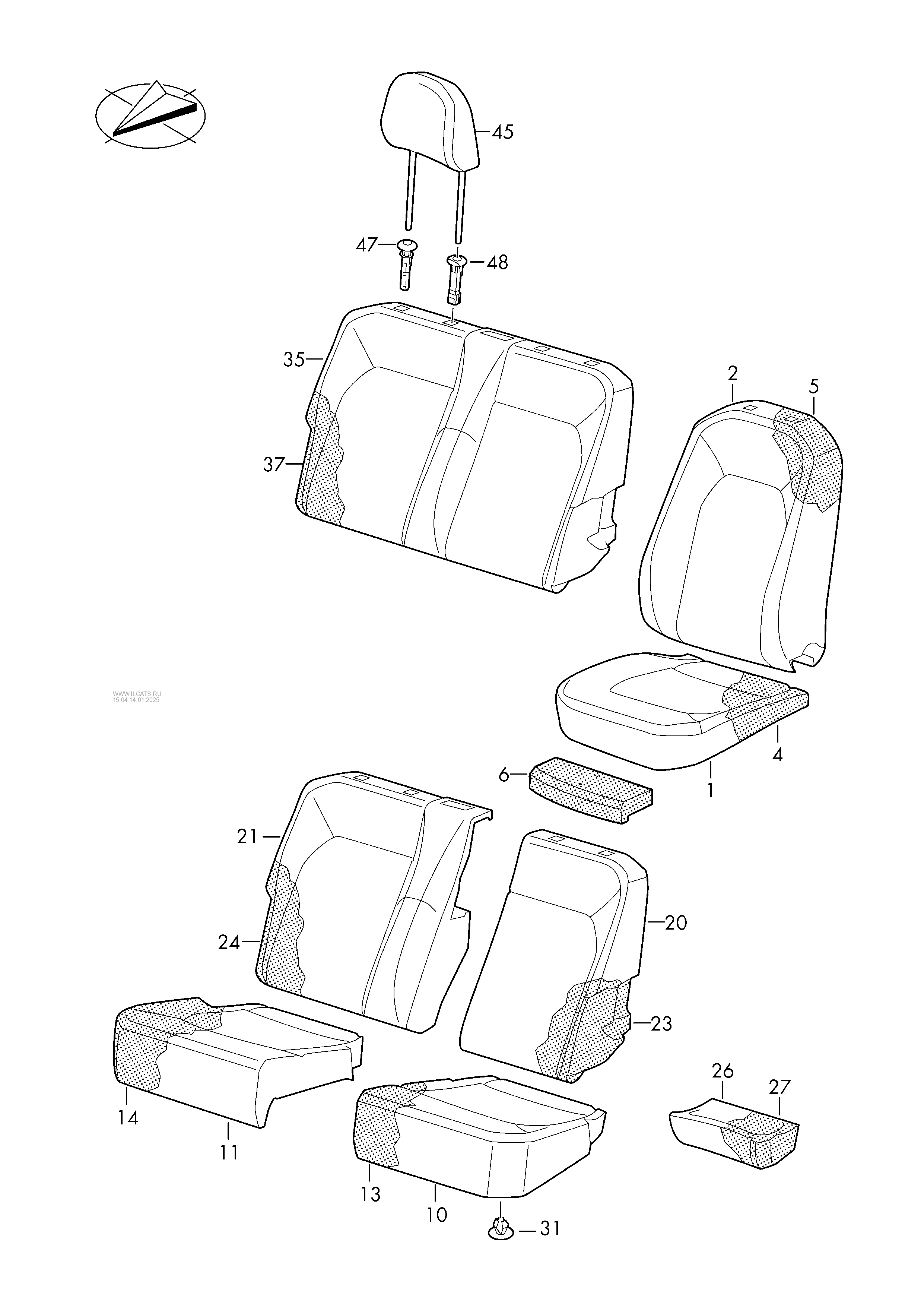 seat and backrest cover. seat and backrest padding. head restraint VW