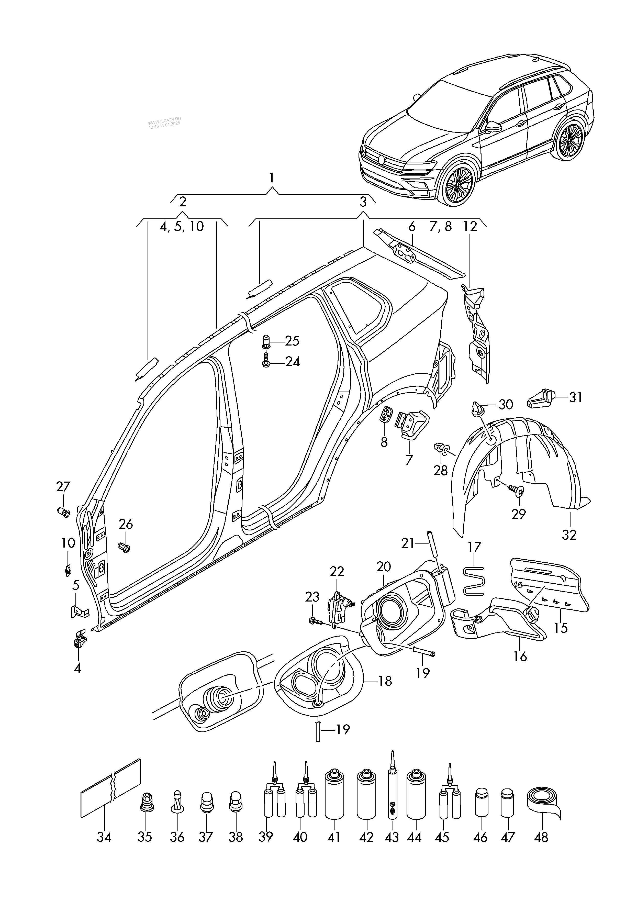 sectional part - side panel. wheel housing liner, plastic. fuel filler ...